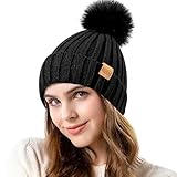 REDESS Damen Winter gestrickt Beanie Mütze Warm Fleece gefüttert mit Bommel Mütze Dick Slouchy Schnee Stricken Skull Ski Cap