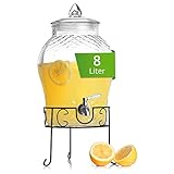 Astor24 Glaskaraffe - Getränkespender mit Edelstahl Zapfhahn und Ständer- 8 Liter - Wasserspender - Karaffe für Bowle und Cocktails - Limonadenspender aus Glas - Glasfass