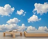 Helle Blaue Himmel & Flauschige Weiße Wolken Wandmalerei - Lüftiges Hintergrundgewebe für Wohn- und Schlafzimmerdekoration 350x250cm (Nicht selbstklebend)