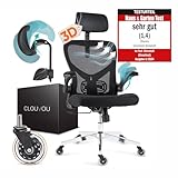 CLOUVOU SmartSeat Bürostuhl Ergonomisch | Schreibtischstuhl [3D PU Leder Kopfstütze, Blade Wheels, Chrom-Metall] | Büro Stuhl, Computerstuhl Home Office Chair Ergonomic, Drehstuhl 150 kg