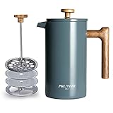 Poliviar French Press Kaffeebereiter 1 Liter/8 Tassen, Doppelwandige Isolierte Kaffeekanne und Teebereiter, Handfilter Kaffeepresse mit Plunger & Griff aus Holz, Alpine (Blau) JX2020-FPU-DE