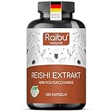 Reishi Pilz Extrakt hochdosiert - 200 Reishi Kapseln - 40% Polysaccharide - Laborgeprüft, Vegan, Premium Qualität - Raibu