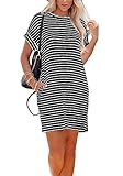 Aupuny Sommerkleid Damen Knielang Casual Strandkleid A-Linie Kurzarm Kleid Gestreifte Loose Swing Freizeitkleid(Taschen an der Taille) M Mittel Schwarz gestreift