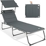 Homecall Sonnenliege Klappbar Mit Dach, Kopfstütze, 5-Fach Verstellbare Rückenlehne, 200 x 70 cm Gartenliege Wetterfest, Garten Liegestuhl Klappbar Leicht, Bis 180 kg für Garten XXL, Karbon Grau