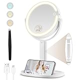 MOMOKUBA Kosmetikspiegel mit Beleuchtung, Vergrößerungsspiegel mit Licht 20fach, Kosmetikspiegel mit Vergrößerung 8', Doppelseitig 3 Farben 64 Led, Schminkspiegel mit Beleuchtung Rund 360° Drehbar