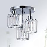 Rayofly Modern Kristall Kronleuchter, 3-flammig Kristall Deckenleuchte mit Glas Lampenschirm, Deckenlampe Hängend Wohnzimmer, Glas Pendelleuchte für Schlafzimmer, Küche, Flur, Badezimmer, Chrom