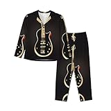 Zaixiansj Damen-Pyjama-Set, schwarze Gitarre, langärmelig, Loungewear, Nachtwäsche, weicher Damen-Pyjama mit Taschen, Schwarz , M