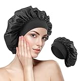 Satin Bonnet Nacht Schlafmütze,Seide Locken Atmungsaktive Seide Schlafmütze,doppellagige Nachtmütze,Verstellbare Schlafkappe,für Frauen und Mädchen,(Schwarz)