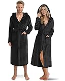 Twinzen Damen & Herren Kuschelfleece Morgenmantel mit Kapuze L - Schwarz - Weich, Warm & Bequem - Öko-Tex Standard 100 zertifiziert