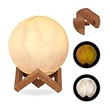 Relaxdays Mondlampe 3D, 2 Farben, dimmbar, Touch Sensor, kabellos, mit Ständer, für Kinder, Mondleuchte LED, 15 cm, weiß