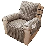 Alishomtll Sesselschoner für Relaxsessel Relaxsofa, 1 Sitzer Fernsehsessel Armlehne Sesselauflage, Anti-Rutsch Kratzfest Sesselüberzug mit 4 Taschen und 2 Verstellbaren Riemen, 53x190cm, Khaki