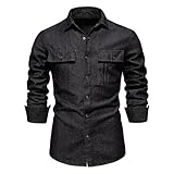 Jeanshemd für Herren, Langarm, Jeanshemd, Retro, Reverskragen, mehrere Taschen, Knöpfe, Denim, leicht, reguläre Passform, lässig, modisch, vielseitig, Schwarz , M