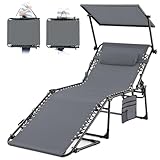 KING BIRD Große Sonnenliege 190x70x40cm,Gartenliege mit Sonnenschutz, Kopfstütze und Verstellbarer Rückenlehne,klappbarer Liegestuhl,Belastbarkeit 181 kg,für Balkon,Terrasse,Camping (grau)