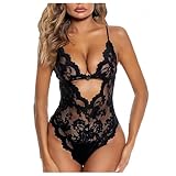Satohom Sexy Body Dessous Damen EIN Stück Tiefer V-Ausschnitt Unterwäsche Florale Spitze Reizwäsche Teddy Babydoll Bodysuit Rückenfrei Erotische Lingerie Perspektive Negligee für Frau,S-XL