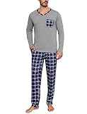 Aseniza Schlafanzug Herren Lang Pyjama Set Baumwolle Winter V-Ausschnitt Langarmshirt mit Karierte Schlafanzughose Nachtwäsche für Männer Grau, L