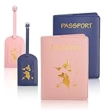 Reisepasshülle 2PCS Reisepass Schutzhülle+2 Kofferanhänger,Kunstleder Passhülle mit Golddruck,Passhülle für Damen Herren Reisepass Kreditkarten,Ausweis und Reisedokumente,10.7×14.2cm (Blau+Rosa)