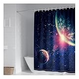 KnSam Duschvorhang Vintage Schwarz Blau Rot, Badewanne Vorhang Galaxie Thema Planeten Muster, Polyester Dusch Vorhang mit Duschvorhangringen, 90x180cm