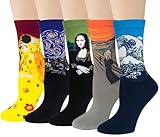 Chalier Cozy 4 Paar Lustige Kunst Socken Damen Baumwolle Bunte Gemusterte Socken Geschenk für Frauen Einheitsgröße Gelb1