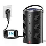 Pluackg Mehrfachsteckdose mit 5 USB, 12 Fach Steckdosenleiste mit Schaltbar Überspannungsschutz, 3M Verlängerungskabel Steckdosenturm Mehrfachstecker für Zuhause, Büro Schwarz