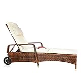 Melko Gartenliege Braun mit Auflage Strandliege mit Rädern Gartenliege wetterfest Loungeliege Rattanmöbel Liege