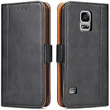 Bozon Galaxy S5 Hülle, Leder Tasche Handyhülle für Samsung Galaxy S5 (S5 Neo) Schutzhülle Flip Wallet mit Ständer und Kartenfächer/Magnetverschluss (Schwarz-Grau)