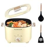 Audecook Elektrischer Hot Pot, 2.5L Tragbare Multikocher für 1-3 Personen, Antihaftbeschichtung mit Wabentextur, Elektrischer Reisetopf Wokpfanne für Steak/Nudeln/Suppe/Ei (Beige)