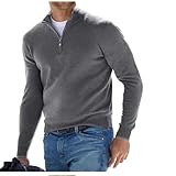 BAWUTZ Herren Kaschmir Reißverschluss Basic Pullover, Herren-Poloshirt, klassisch,Herren-Pullover mit V-Halsausschnitt, langärmelig, weicher Griff, Viertelreißverschluss (Grau,L)