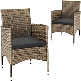 tectake® 2er Set Gartenstuhl aus Polyrattan, Gartenmöbel Set mit 2 Sessel, Outdoor Rattansessel inklusive Sitzpolster und 2 Bezugssets, rostfreie Edelstahlschrauben, pflegeleicht - Natur/dunkelgrau