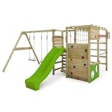 FATMOOSE Spielturm Klettergerüst ActionArena Air mit Schaukel & apfelgrüner Rutsche, Outdoor Kinder Kletterturm mit Leiter, Basketballkorb & Spiel-Zubehör für den Garten