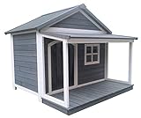 SunnyDogs Hundehütte aus Massivholz | wetterfeste Hundehütten mit Satteldach | isoliertes Hundehaus | Outdoor Hütte mit Vordach, Terrasse & Fenster | B 130 x T 118 x H 108 cm