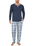 Litherday Schlafanzug Herren Lang Winter Baumwolle Zweiteiliger Nachtwäsche Set Männer Lang Rundhals mit Kariert Pyjamahose