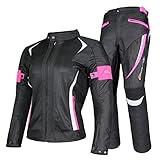 YuanDiann Damen Motorradkombi 2-teiliges Set mit Protektoren Motorradhose & Motorradjake Wasserdicht Reflektierend Textil Motorradbekleidung Motorcross Schutz Jacke und Hose Rosa M