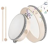 2 Stück Holz Handtrommeln 6 Zoll und 8 Zoll Kinder Tambourine Set, Handheld Tamburin Trommel mit 2 Schlägel für Kinder Party Schule und Frühpädagogisches