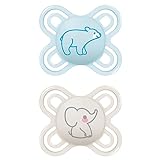 MAM Perfect Start Schnuller im 2er-Set, speziell für Neugeborene, zahnfreundlicher Baby Schnuller aus nachhaltigen & bio-erneuerbaren Materialien, mit Schnullerbox, 0-2 Monate, Bär/Elefant