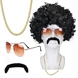 Humairc Afro Perücke Schwarz Herren Damen 70er 80er Jahre Outfit Perücke Herren Sonnenbrille Halskette Bart Männer Karneval Fasching Kostüme