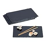 Relaxdays Schieferplatte, 4er Set, rechteckige Servierplatte, 26 x 16 cm, für Käse, Sushi, Desserts, Buffet, anthrazit