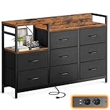 ODK Kommode mit Schubladen, 2 USB & 2 AC-Anschlüssen, 8 Schubladen aus Stoff - Geeignet für Multifunktionaler Schubladenschrank für Schlafzimmer und Wohnzimmer, 132 * 30 * 88 cm,Vintage und Schwarz