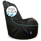 Bruni Cockpit – schwarzer Gaming-Sitzsack zum Zocken mit Lehne und Fach, Indoor und Outdoor geeignet, in Deutschland gefertigt (Schwarz/Blau)