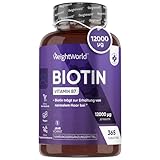 Biotin Tabletten - 12.000mcg reines Biotin für Haarwuchs, Haut & Bartwuchs - 365 vegane Tablets für 1 Jahr Vorrat - Vitamin B7 - D-Biotin (Vitamin H) für Frauen und Männer - Von WeightWorld