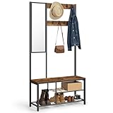 VASAGLE Garderobenständer, Garderobe mit Haken, Kleiderständer mit Spiegel, Schuhbank und Ablagen, 36 x 98 x 185 cm, für Flur, Schlafzimmer, Wohnzimmer, vintagebraun-schwarz HSRAM050B01
