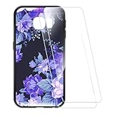 ESCAMOT Bedruckte Hülle + 2 Glas Schutzfolie Kompatibel mit Samsung Galaxy S6 Edge, Stoßfeste Weiche Cover und HD Klare Tempered Glass Folie (Lila Blumen)