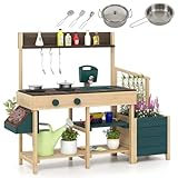 HOMASIS Matschküche Kinder Outdoor, Kinderküche mit Wassertank Spülen Herd, Holz Gartenküche mit Pflanzkasten, Rankgitter & Zubehör, Spielküche mit Haken & Regal, für ab 3 Jahren (Natur+Grün)