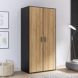 FORTE Jupiter Kleiderschrank 95, Industrial-Stil Schrank mit 2 Türen, Holzwerkstoff, Eiche Dekor/Schwarz, 94,7 cm breit, 190,5 cm hoch, 52,7 cm tief