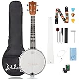 Mulucky Banjolele, 4 Saiten, Banjo-Ukulele, Konzert-Größe, 58,9 cm, geschlossener Massivholzrücken, Anfänger-Set mit Halsstab, Gigbag, Stimmgerät, Saitengurt, Plektren - BU8017