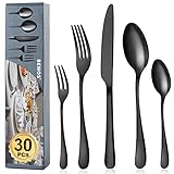 BEWOS Besteck Set für 6 Personen, 30 teilig Schwarz Mattiert Essbesteck Set inkl. Messer, Gabel, Löffel, Besteck Edelstahl, Spülmaschinenfest