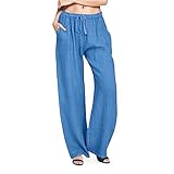 Damen High Waist Sommerhose Leicht,Große Größe Musselin Hose Frauen Lang Sommer Hose Locker Schwarz Freizeit,Weite Freizeithose Palazzo Hose mit Tunnelzug und Taschen Einfarbig Lounge Bein Relaxhose
