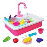 Spielspüle Kinder mit elektrischer Wasserhahn, Küchenspüle Spielzeug Set mit Fließendem Wasser, Kinder Waschbecken, Spielküche Zubehör, Rollenspiel für Kinder ab 3 Jahre (Rosa)