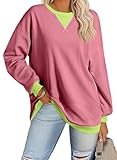 Aleumdr Sweatshirt Damen Oversized Farbblock Langarmshirts Lose Rundhals Oberteile Herbst Y2K Shirt Pullover Rosa Größe X-Groß