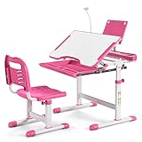 DREAMADE Kinderschreibtisch höhenverstellbar, Schülerschreibtisch neigungsverstellbar, Jugendschreibtisch mit LED-Lampe und Bücherständer, Schreibtisch Set für Kinder mit Stuhl und Schublade (Rosa)