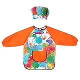 TIESOME Malschürze Kinder, Malerkittel kind 6-11 jahre Junge Mädchen Wasserdicht Malkittel schule Kinder mit Mütze UndGroßer Tasche für Schule Kunst Malerei Kochen(Orange Ärmel)